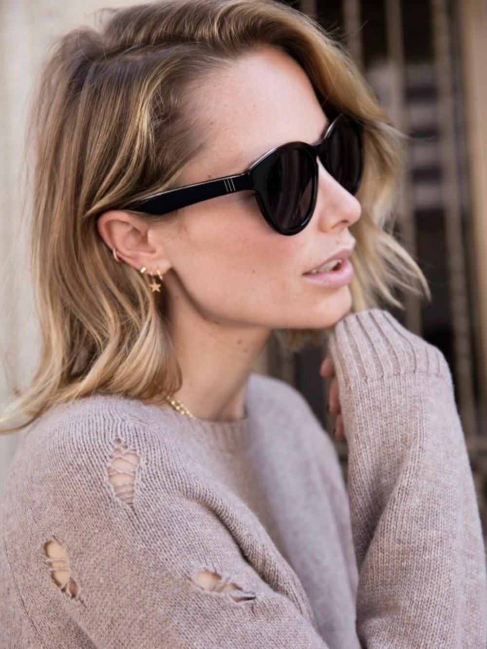 ANINE BING • Distressed Knit Sweater in Taupe